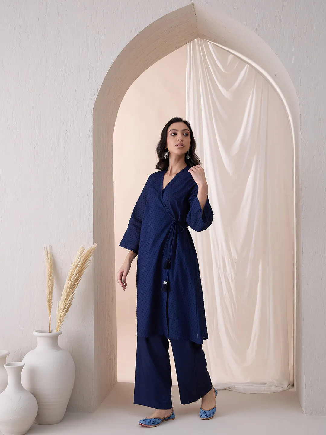 Navy Angrakha Cotton Dobby Kurta With Straight Pant