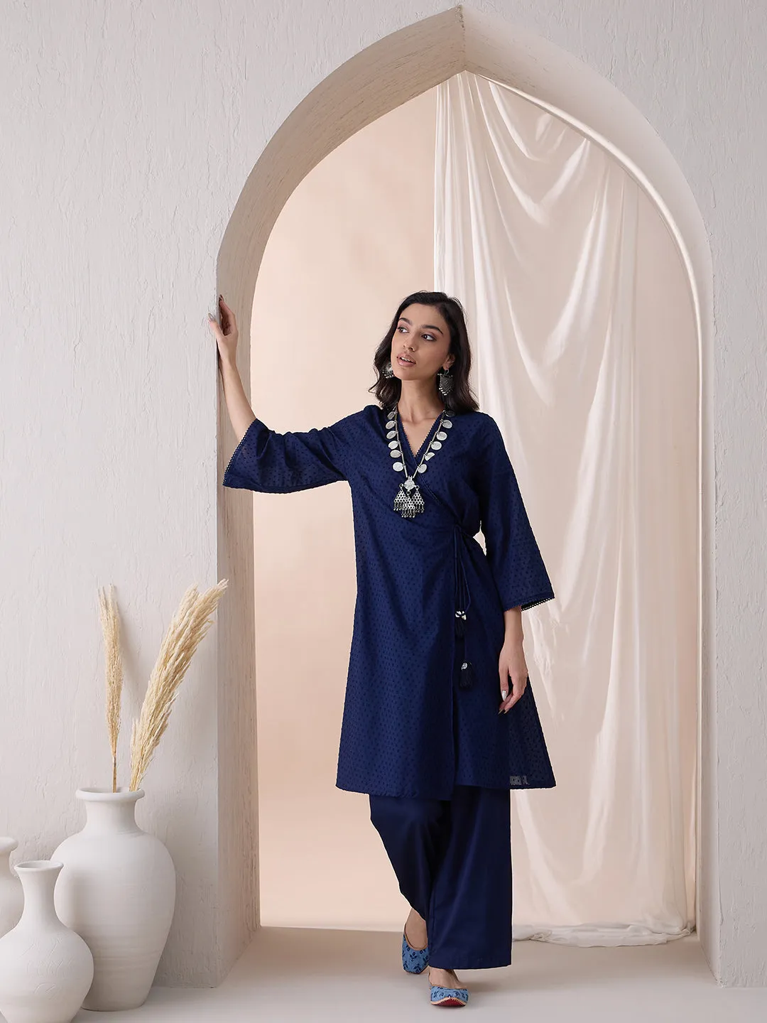 Navy Angrakha Cotton Dobby Kurta With Straight Pant