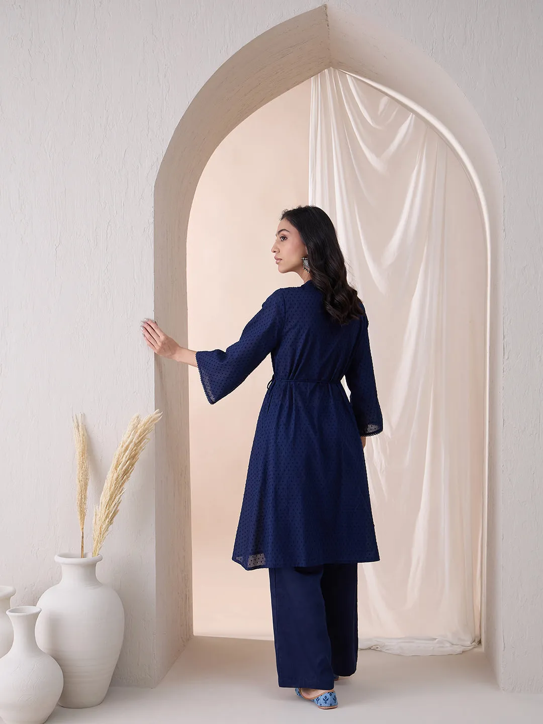 Navy Angrakha Cotton Dobby Kurta With Straight Pant