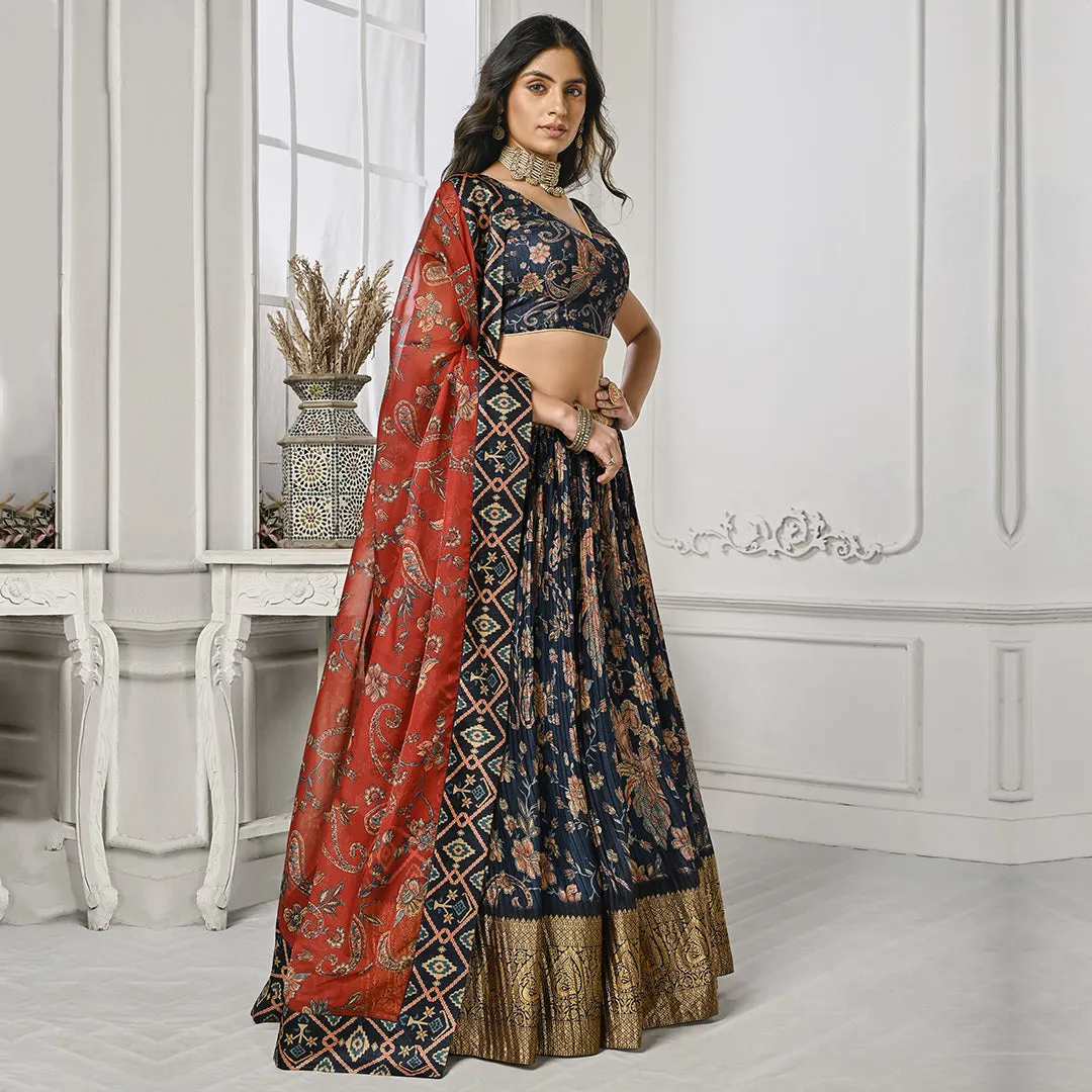 Navy Blue and Red Lehenga Set with Gold Border