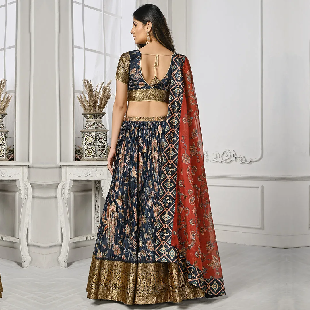 Navy Blue and Red Lehenga Set with Gold Border