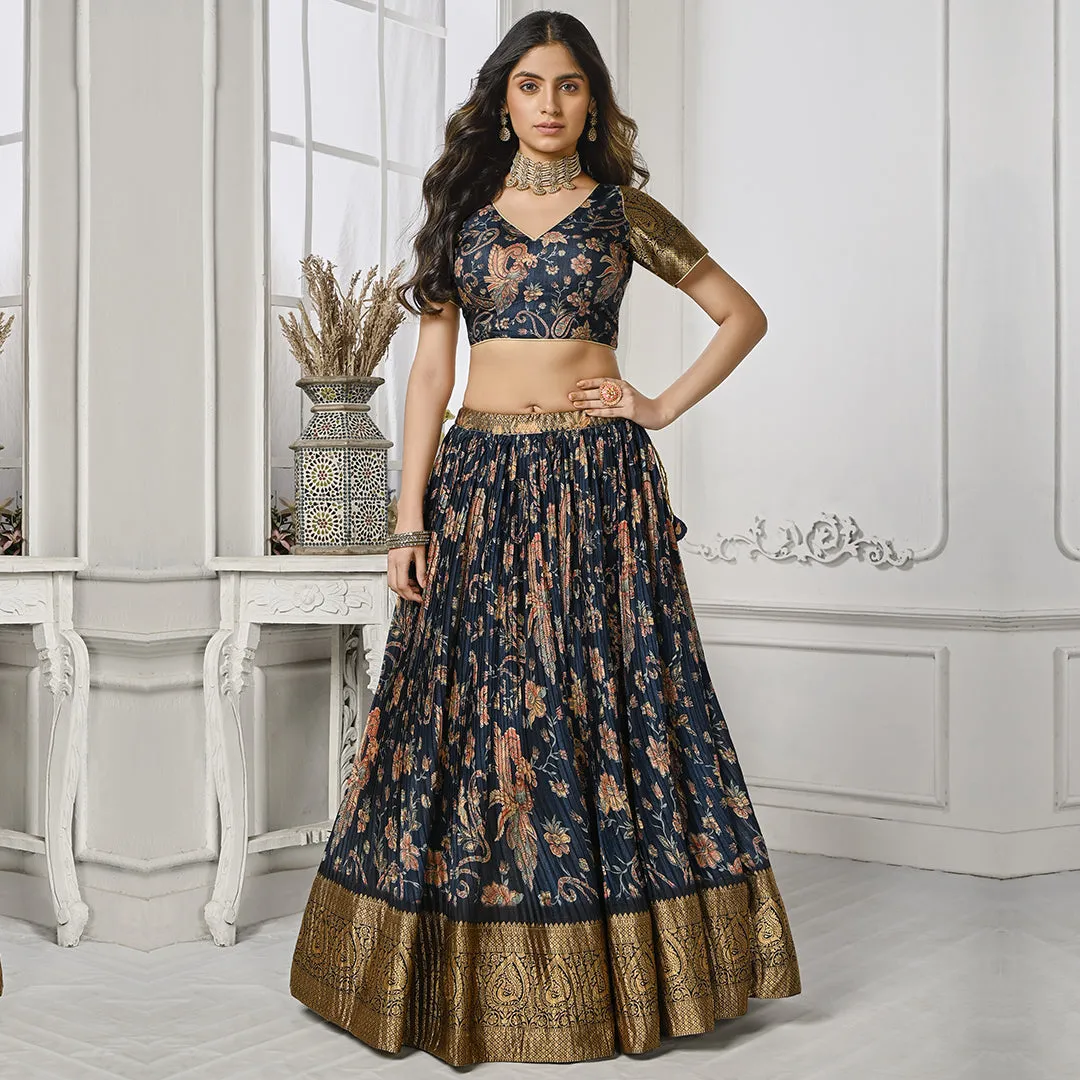 Navy Blue and Red Lehenga Set with Gold Border