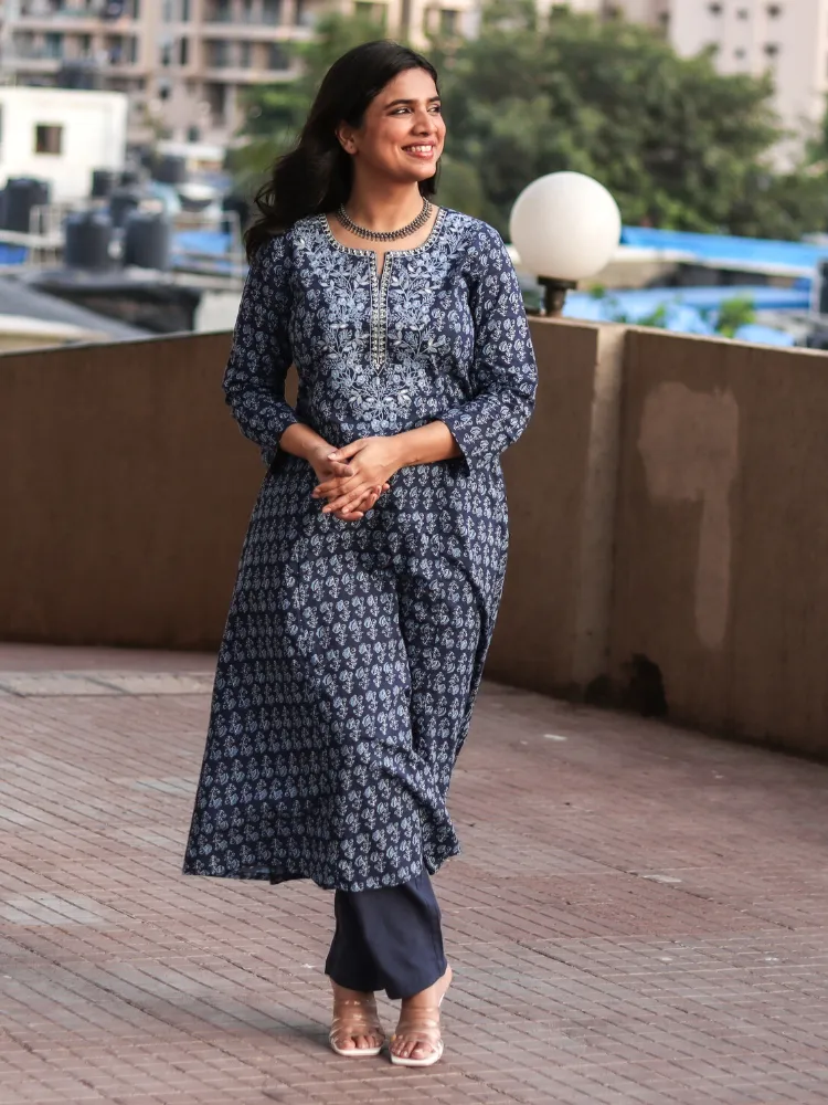 Navy Blue Ethnic Floral Print A-line Kurta with Embroidered Neck