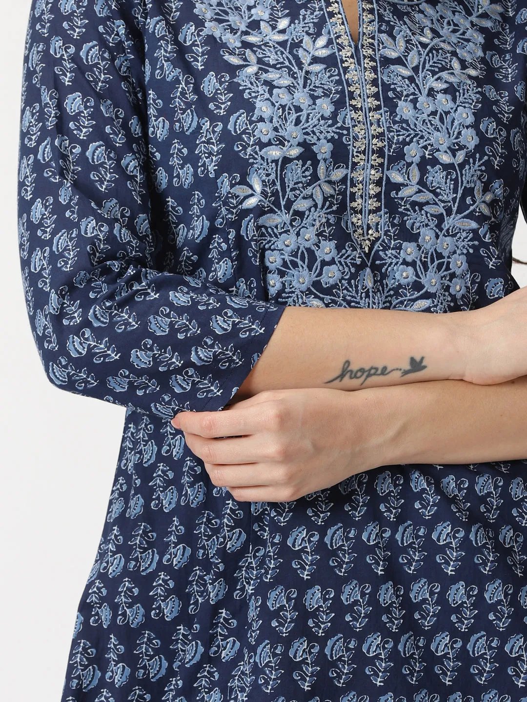 Navy Blue Ethnic Floral Print A-line Kurta with Embroidered Neck