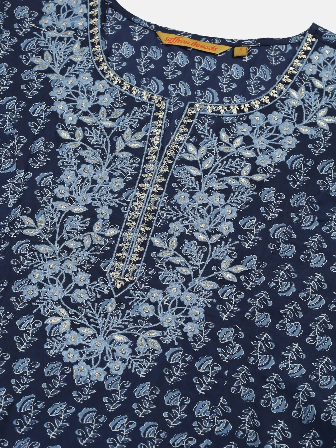 Navy Blue Ethnic Floral Print A-line Kurta with Embroidered Neck