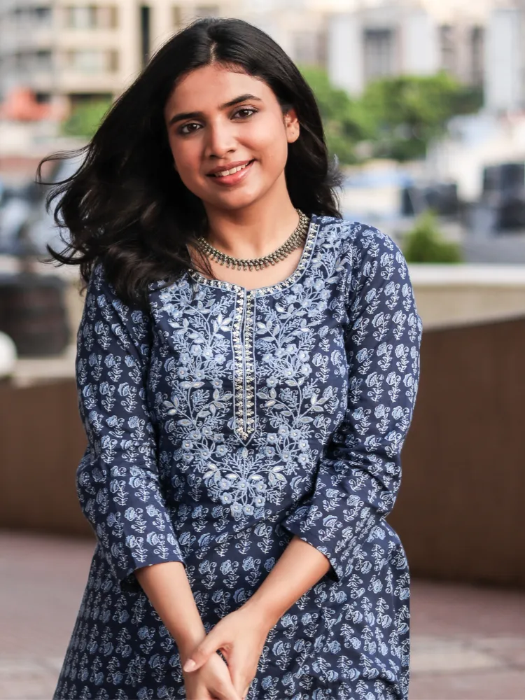 Navy Blue Ethnic Floral Print A-line Kurta with Embroidered Neck