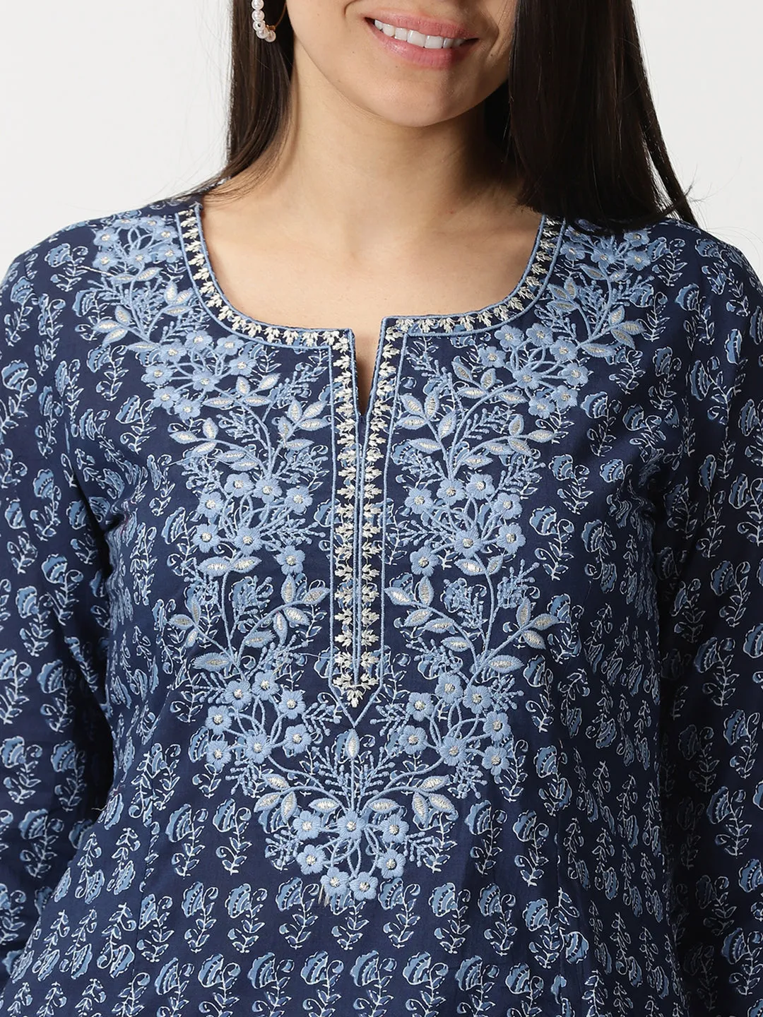 Navy Blue Ethnic Floral Print A-line Kurta with Embroidered Neck