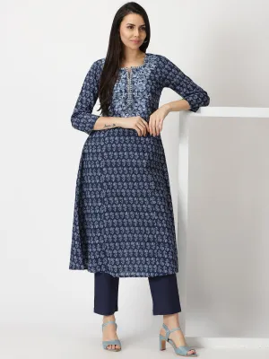 Navy Blue Ethnic Floral Print A-line Kurta with Embroidered Neck