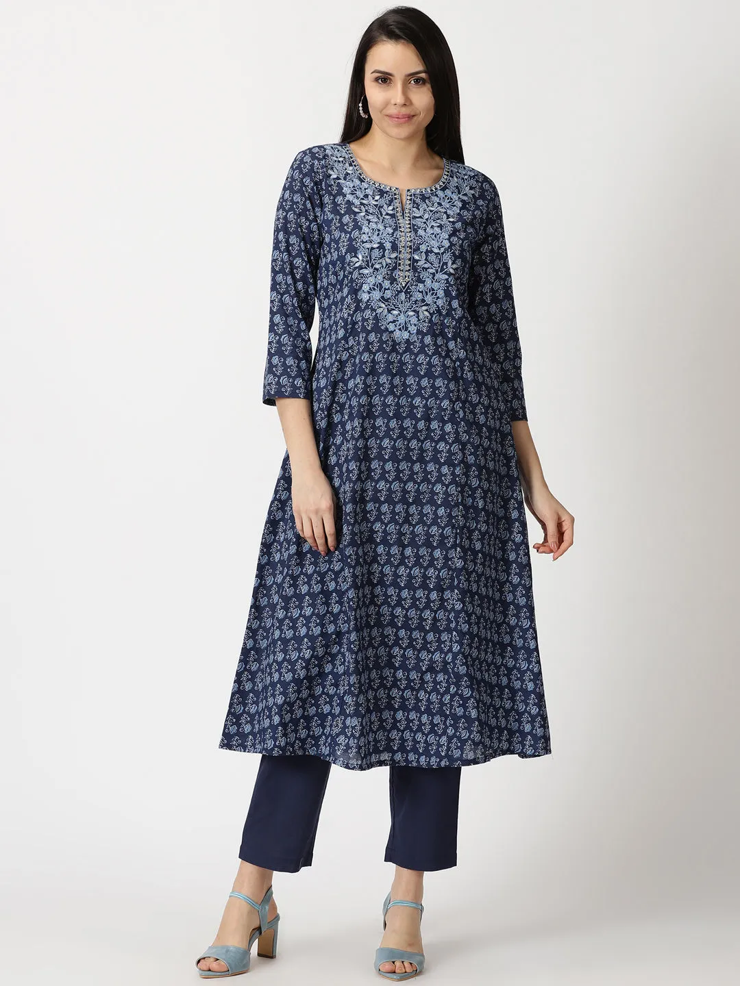 Navy Blue Ethnic Floral Print A-line Kurta with Embroidered Neck