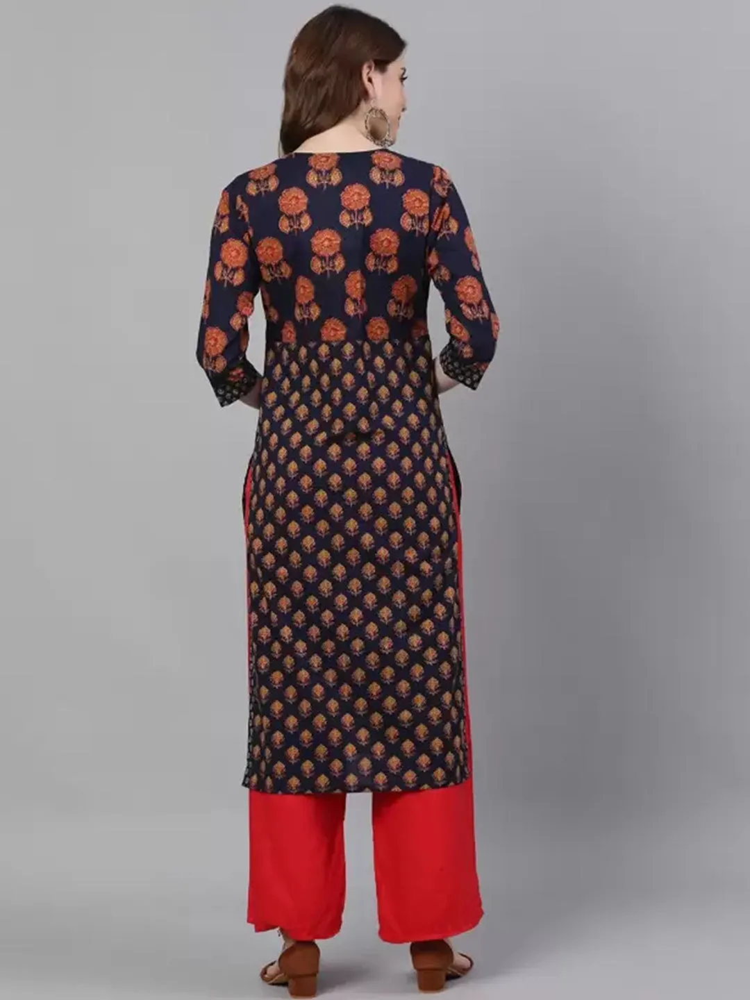 Navy Blue Ethnic Print Straight Cotton Kurtas