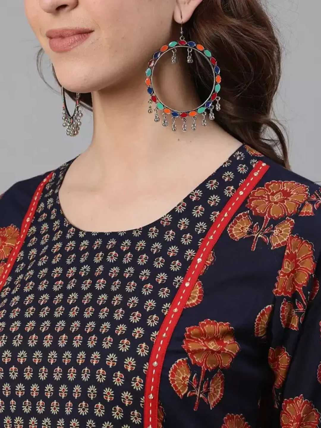 Navy Blue Ethnic Print Straight Cotton Kurtas