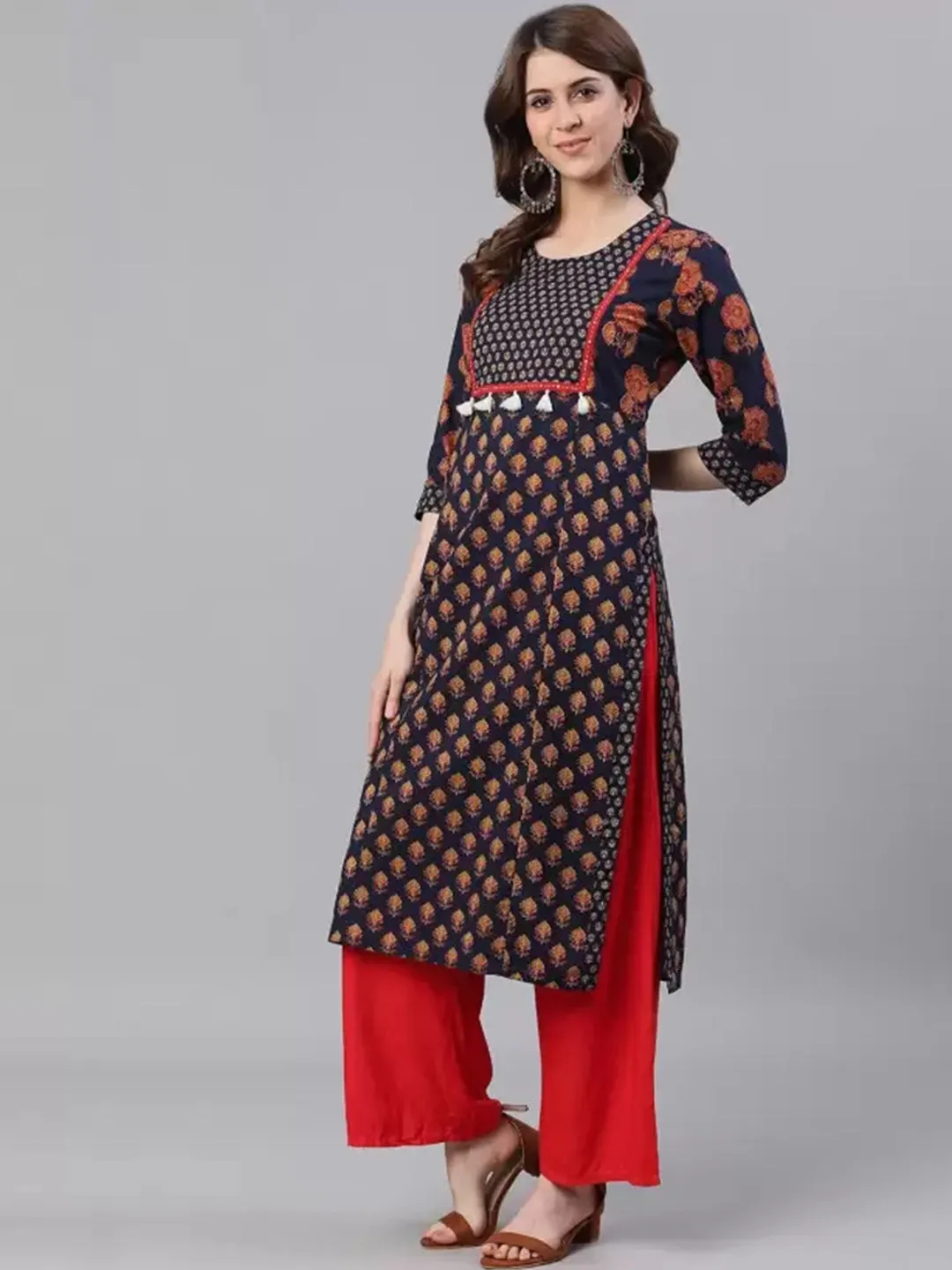Navy Blue Ethnic Print Straight Cotton Kurtas