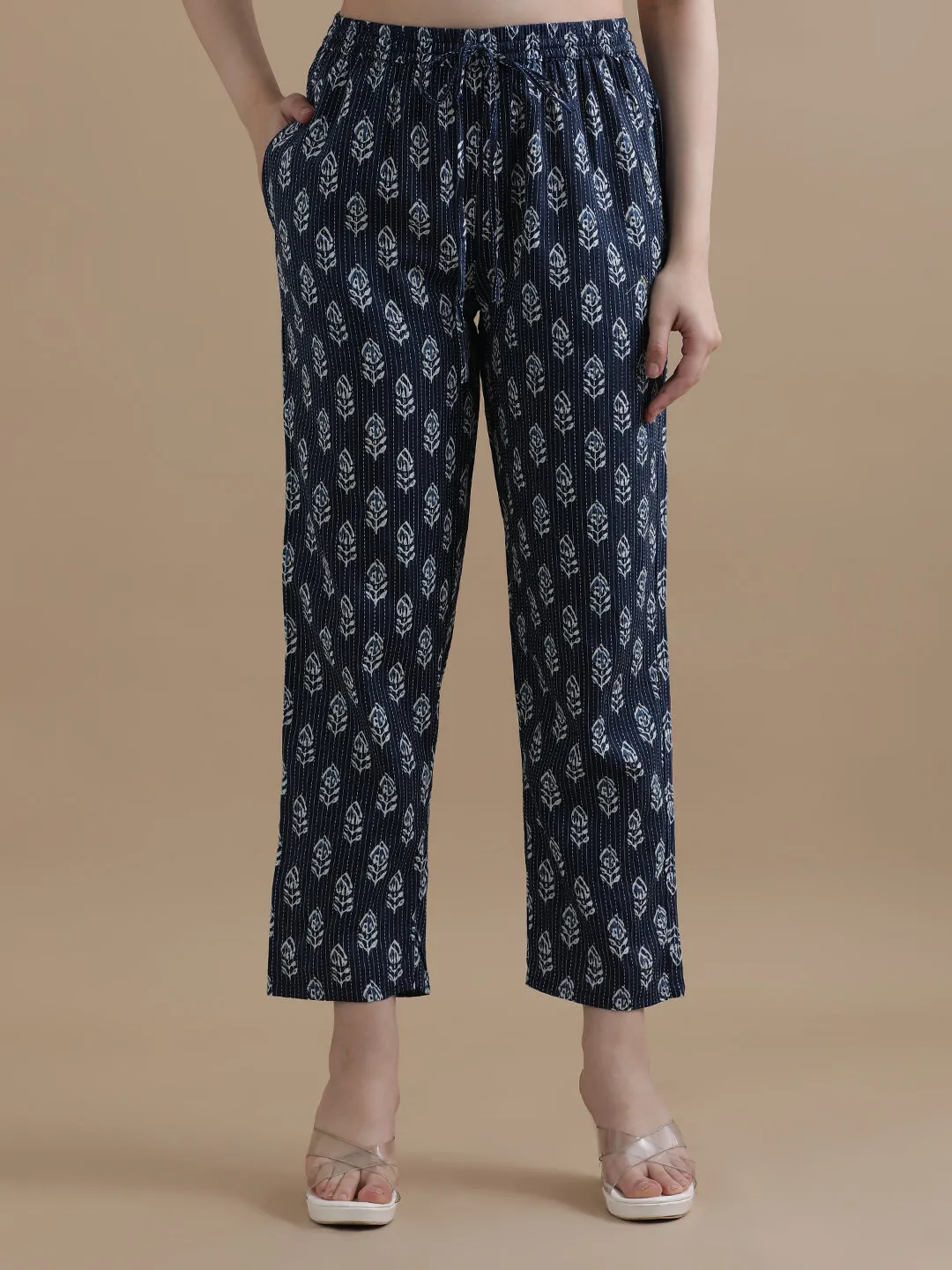 Navy Blue Floral Printed Kantha Work Pure Cotton Kurta With Pant & Chiffon Dupatta