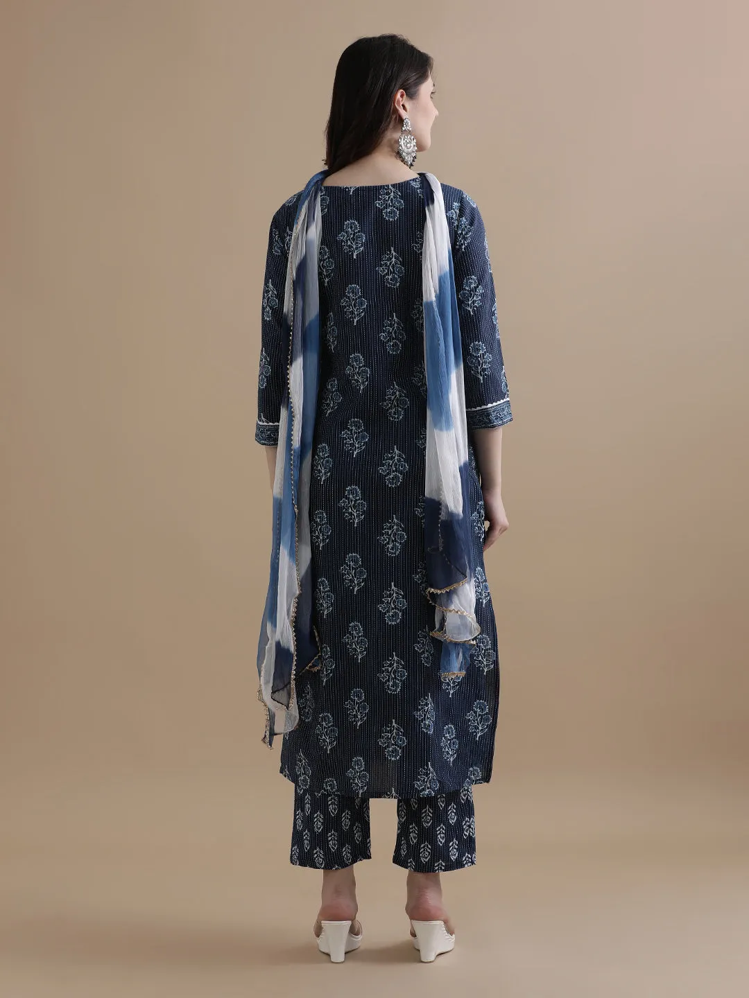 Navy Blue Floral Printed Kantha Work Pure Cotton Kurta With Pant & Chiffon Dupatta