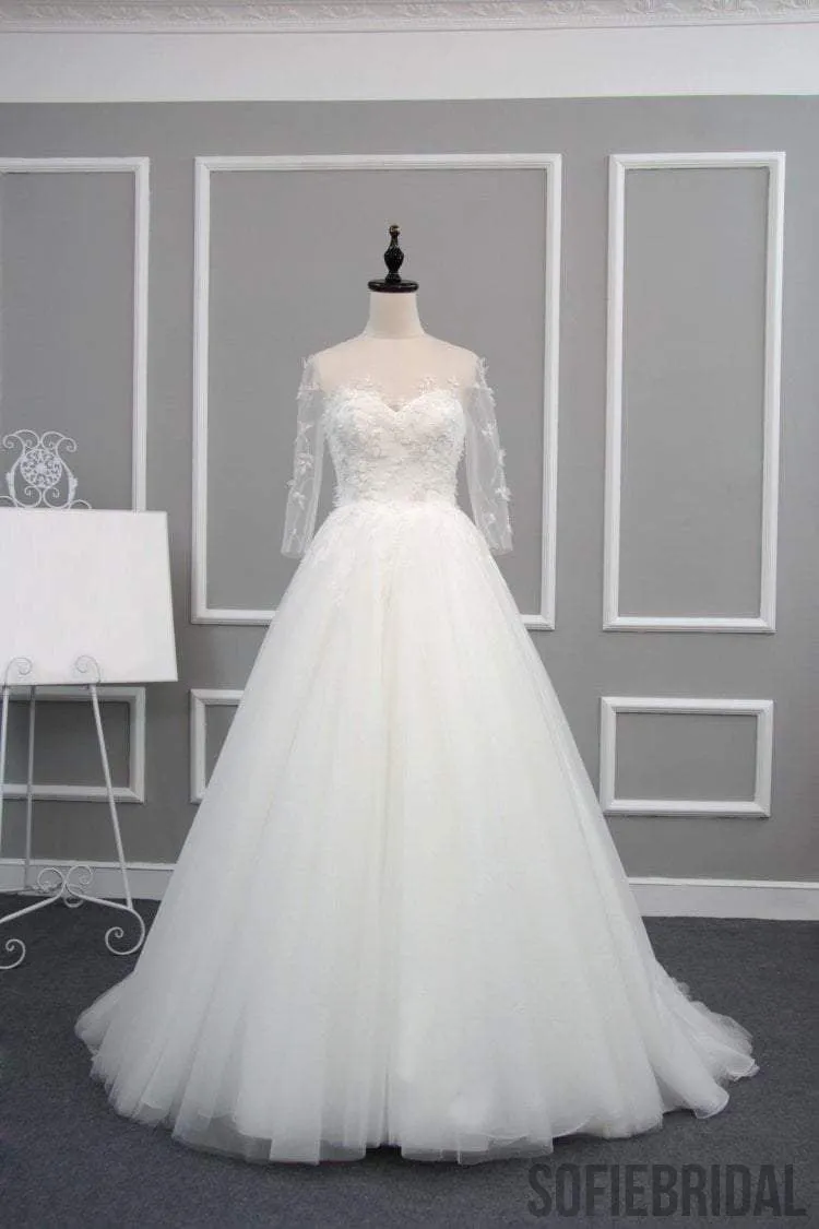 New Arrival Half Sleeve A-line Lace Tulle Zip Up Wedding Dresses, Popular Bridal Gown, WD0235