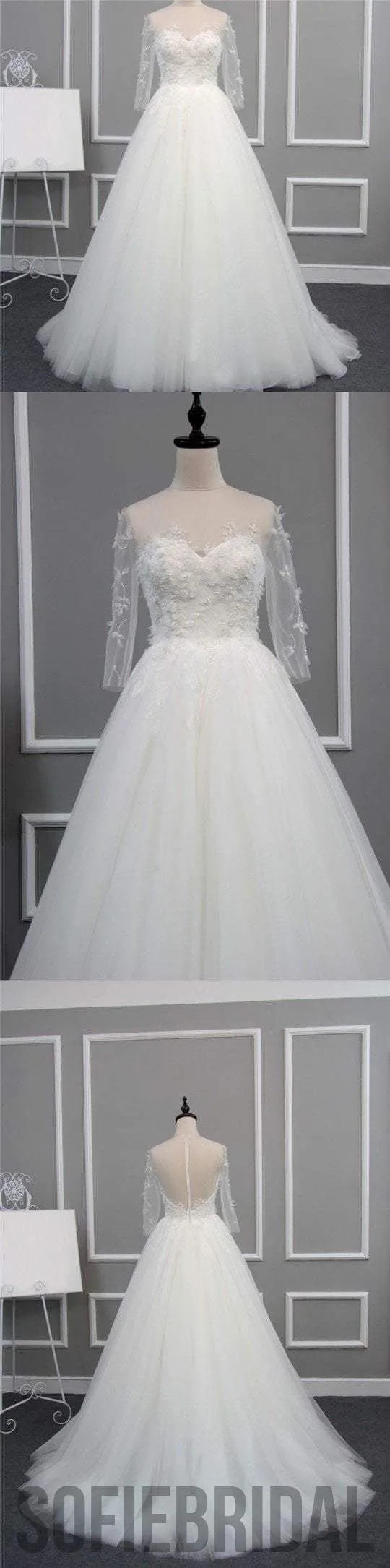 New Arrival Half Sleeve A-line Lace Tulle Zip Up Wedding Dresses, Popular Bridal Gown, WD0235
