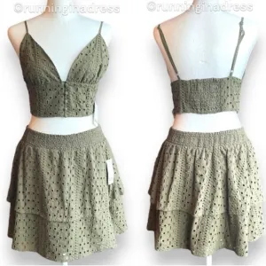 NWT Bar II Green Eyelet Tiered Skirt &amp; Eyelet Smocked Crop Top Set Size Medium