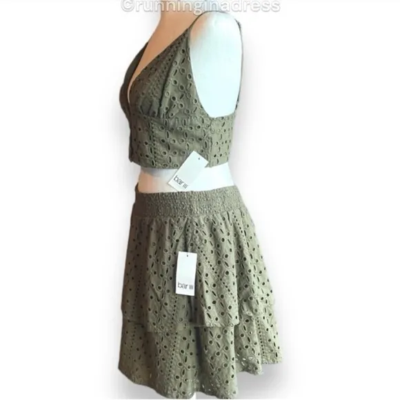 NWT Bar II Green Eyelet Tiered Skirt &amp; Eyelet Smocked Crop Top Set Size Medium
