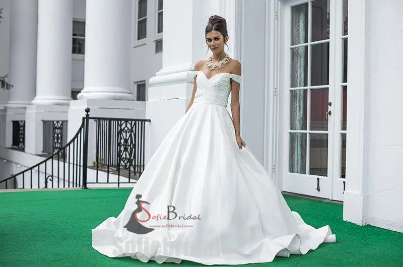 Off Shoulder Long A-line Satin Wedding Dresses, Simple Design Bridal Gown, WD0244