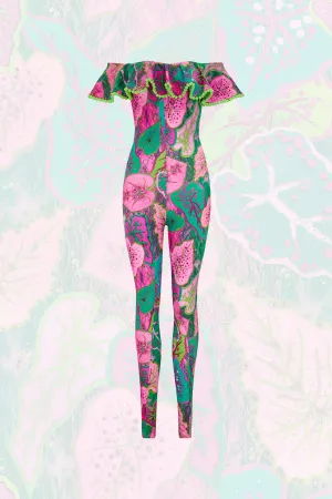 Off The Shoulder Pom Pom Frill Catsuit in Cala Elysium