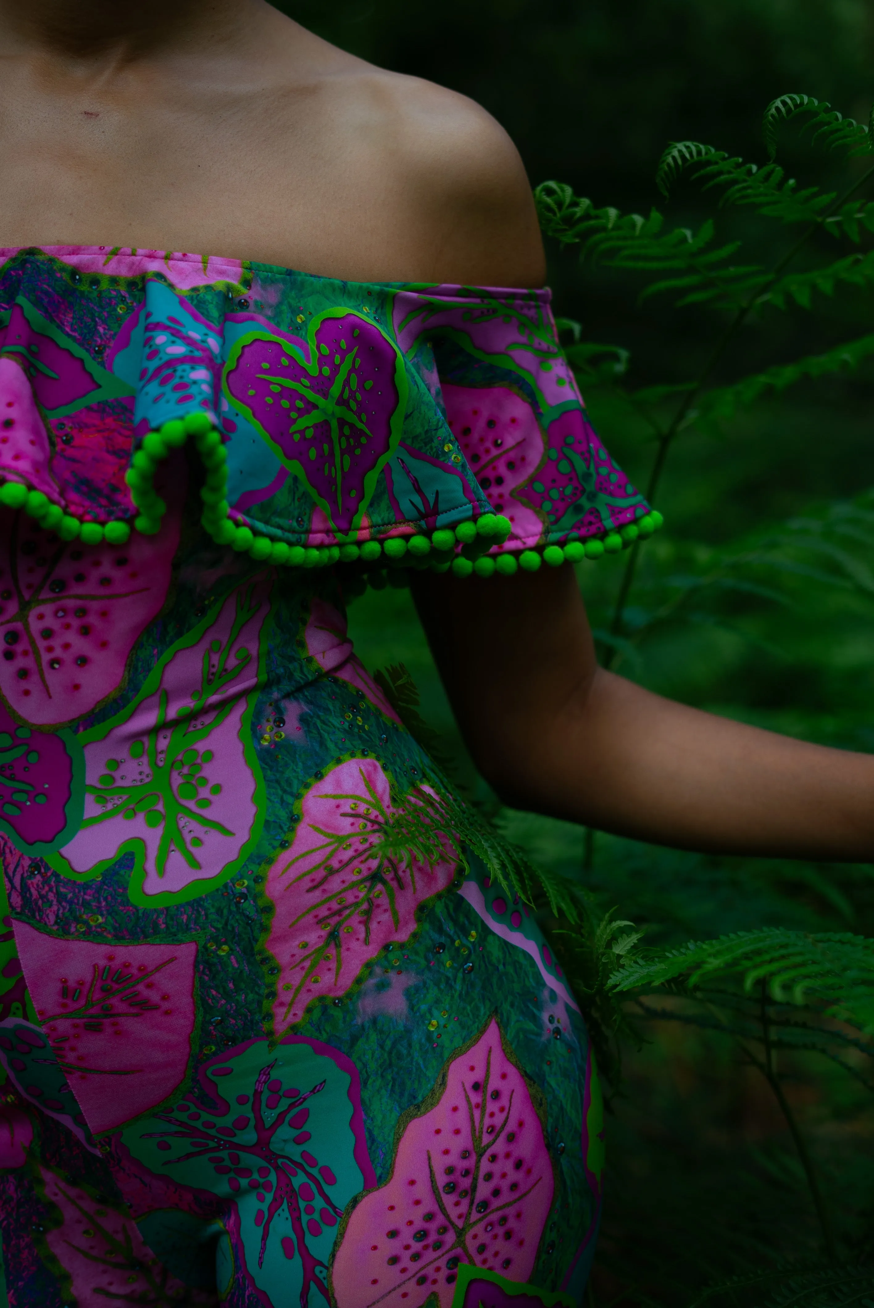 Off The Shoulder Pom Pom Frill Catsuit in Cala Elysium