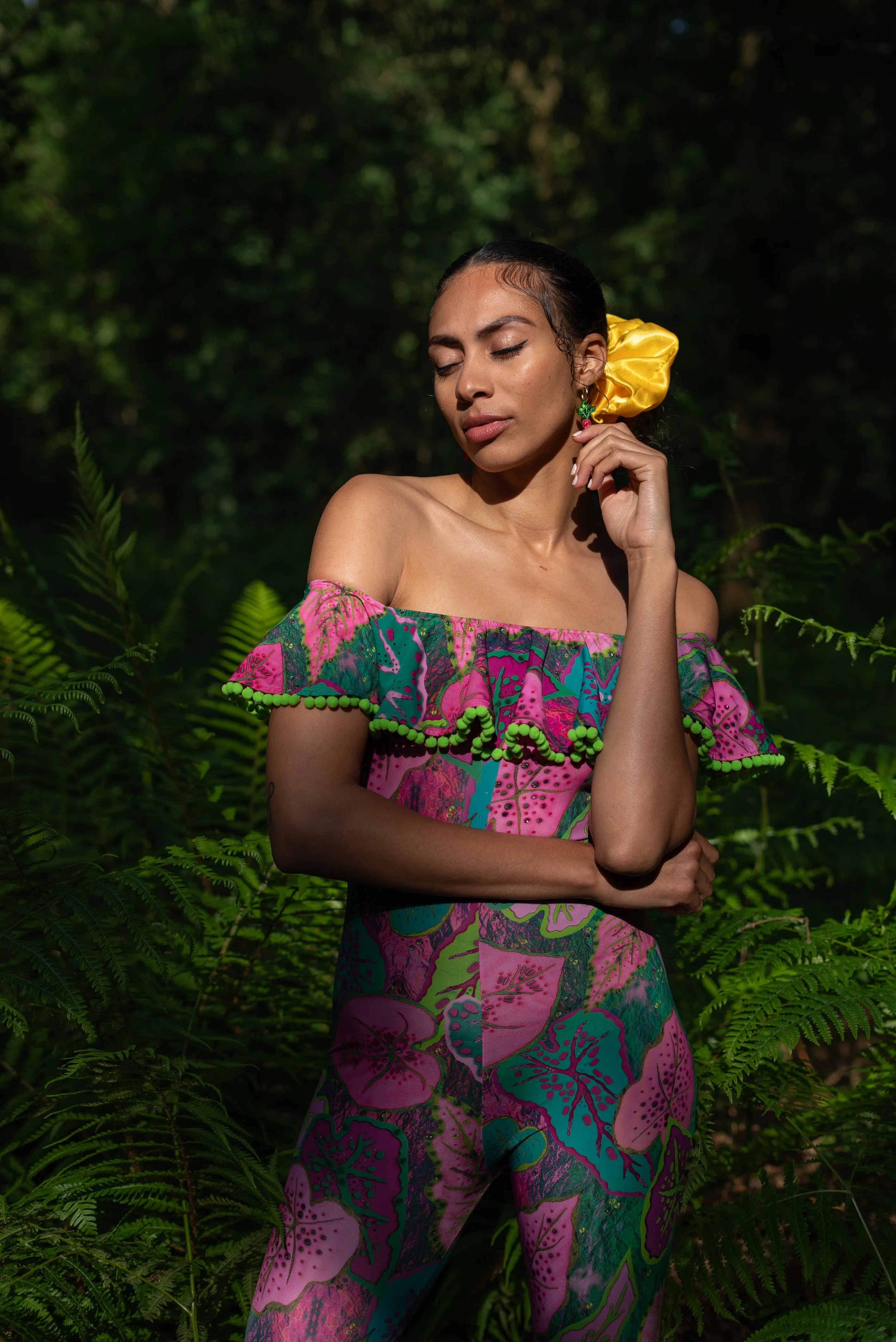 Off The Shoulder Pom Pom Frill Catsuit in Cala Elysium