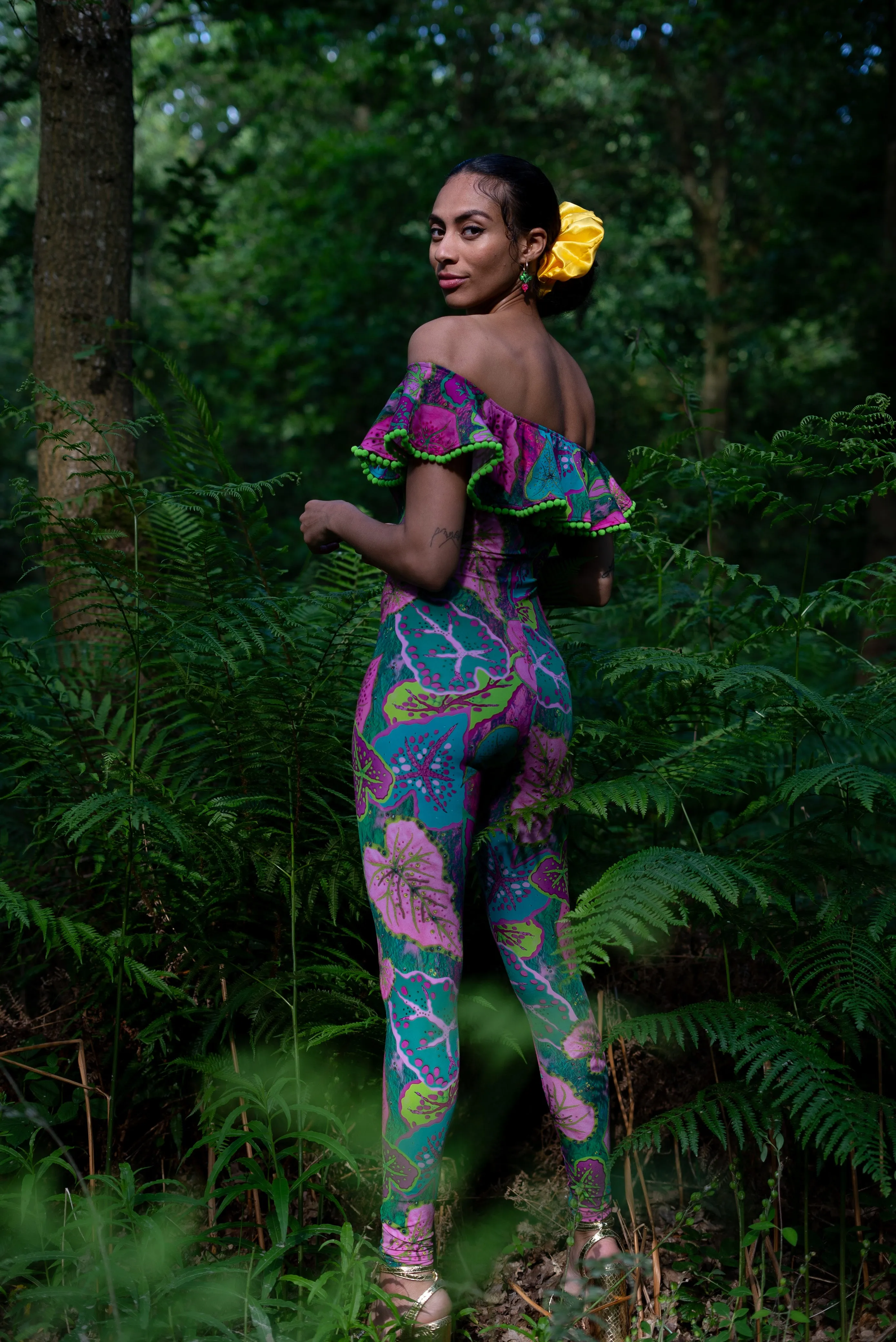 Off The Shoulder Pom Pom Frill Catsuit in Cala Elysium