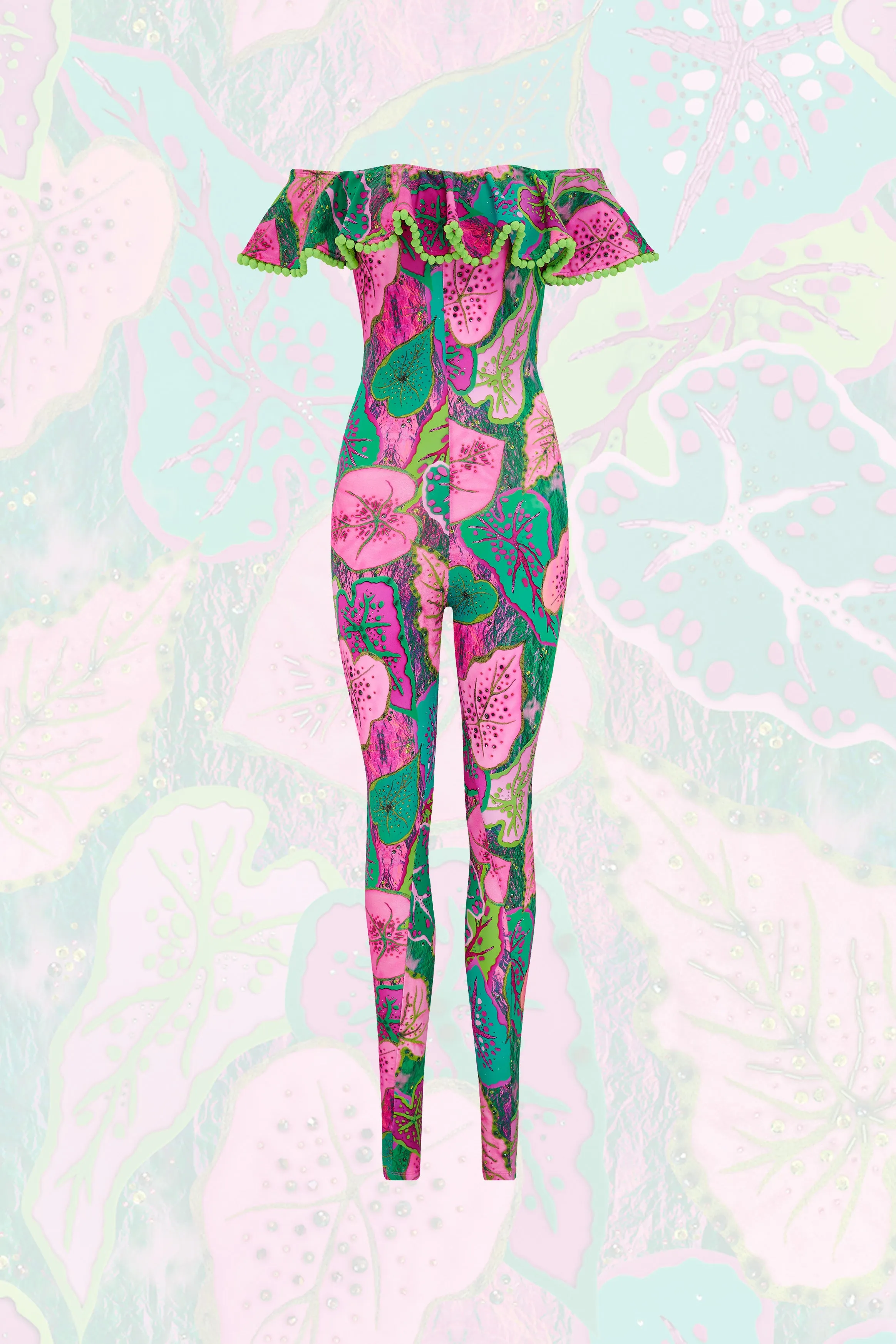 Off The Shoulder Pom Pom Frill Catsuit in Cala Elysium