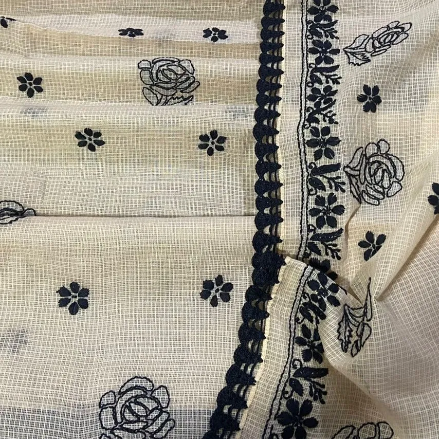 Off White-Black Chinkari Kota Silk Suit Fabric