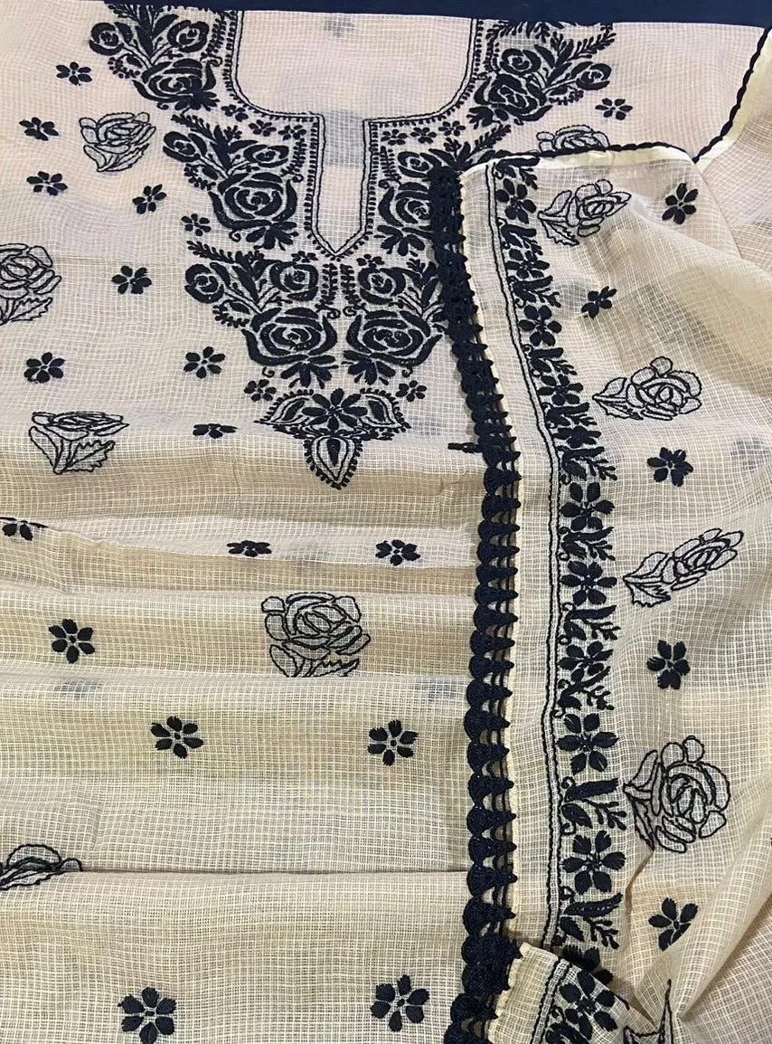 Off White-Black Chinkari Kota Silk Suit Fabric