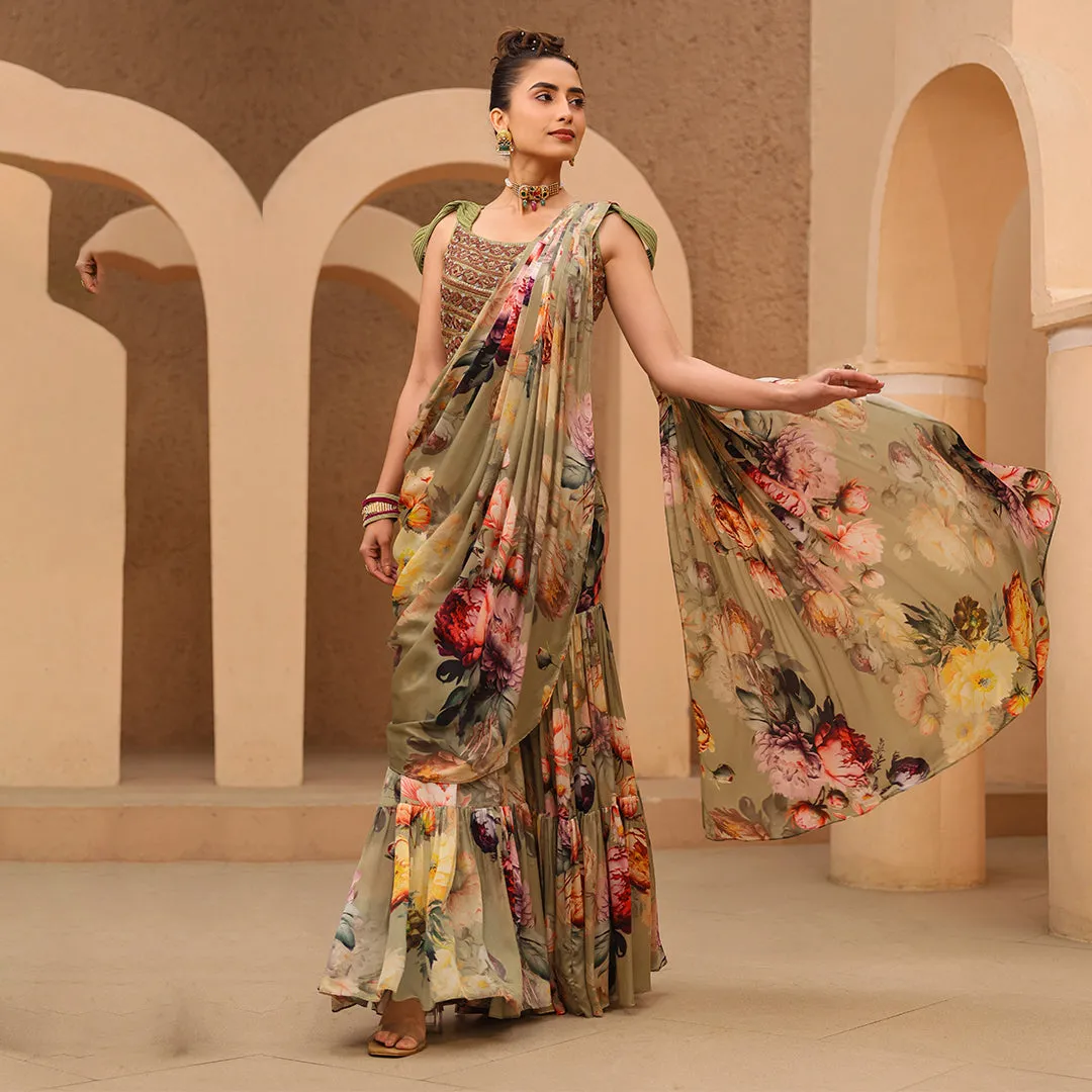 Olive Green Ready Made Designer Saree