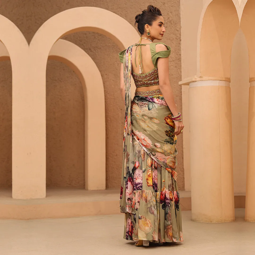 Olive Green Ready Made Designer Saree