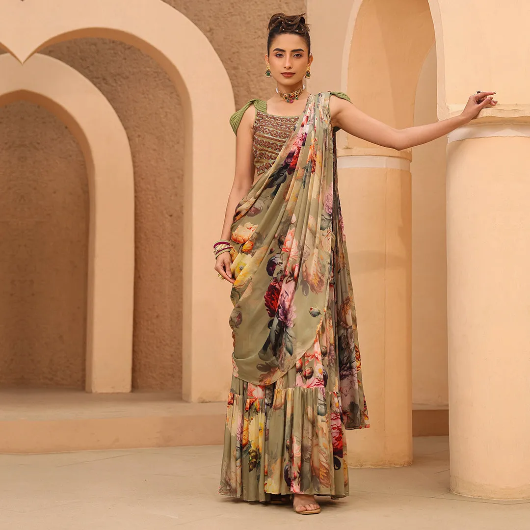 Olive Green Ready Made Designer Saree