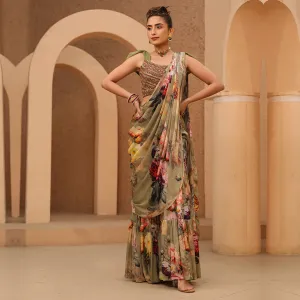 Olive Green Ready Made Designer Saree
