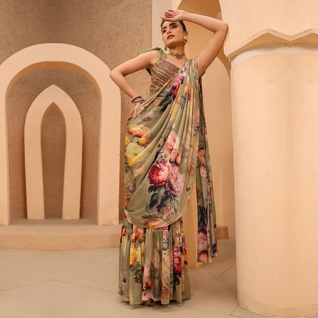 Olive Green Ready Made Designer Saree