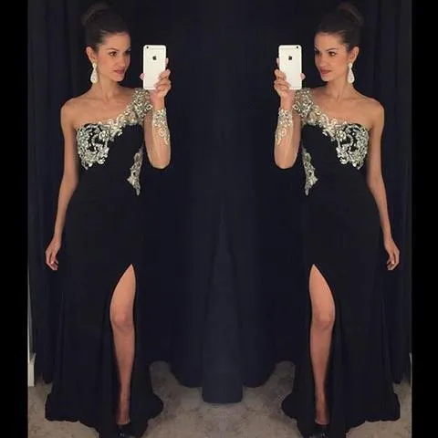 One Shoulder Rhinestone Beaded Long Sheath Side Slit Black Jersey Prom Dresses, BG0300