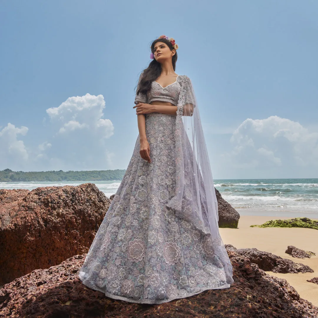 Pastel Hue Floral Silk and Net Lehenga for Women