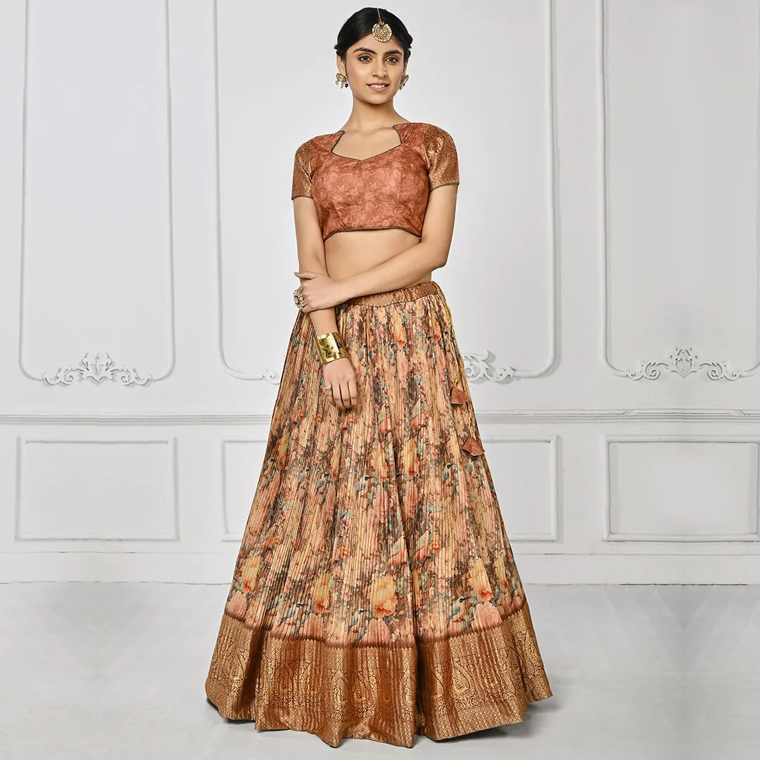 Peach and Beige Pleated Floral Lehenga Set