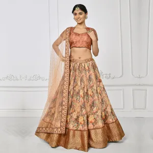 Peach and Beige Pleated Floral Lehenga Set