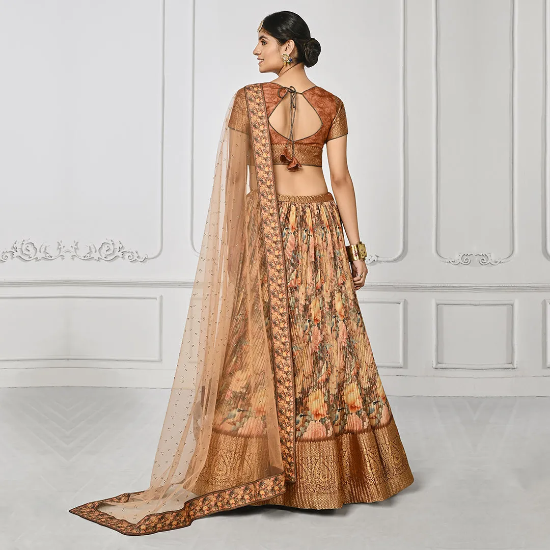 Peach and Beige Pleated Floral Lehenga Set