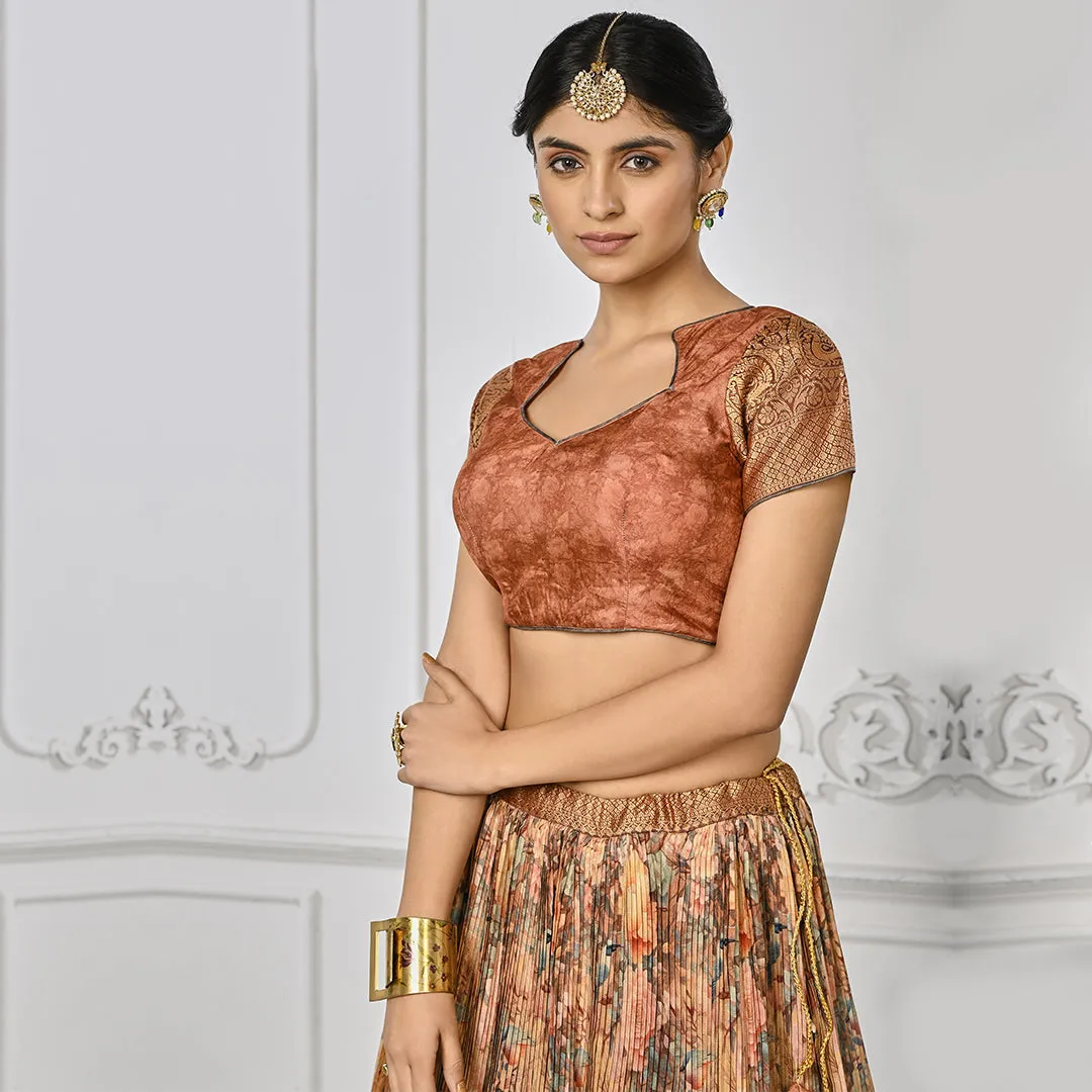 Peach and Beige Pleated Floral Lehenga Set