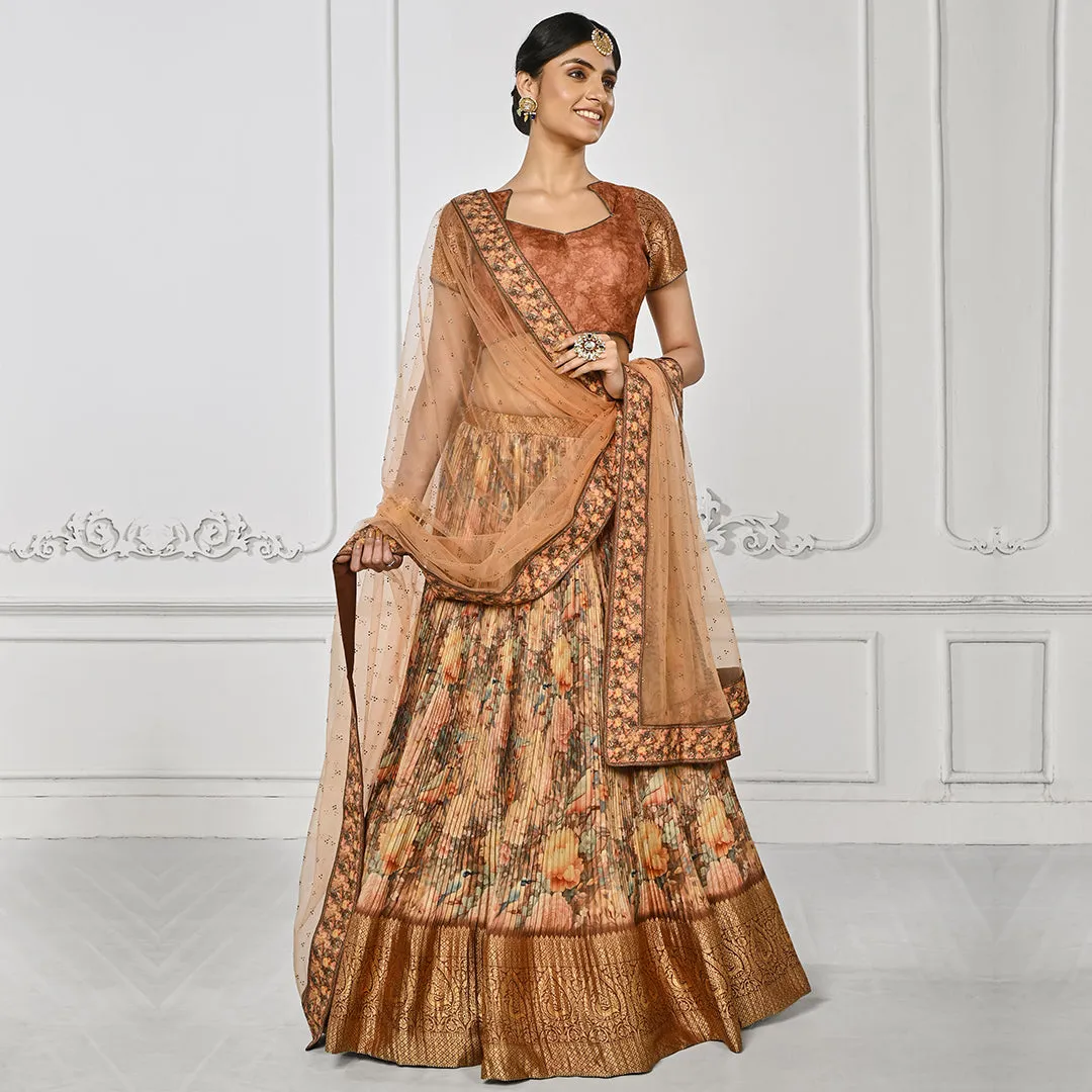 Peach and Beige Pleated Floral Lehenga Set