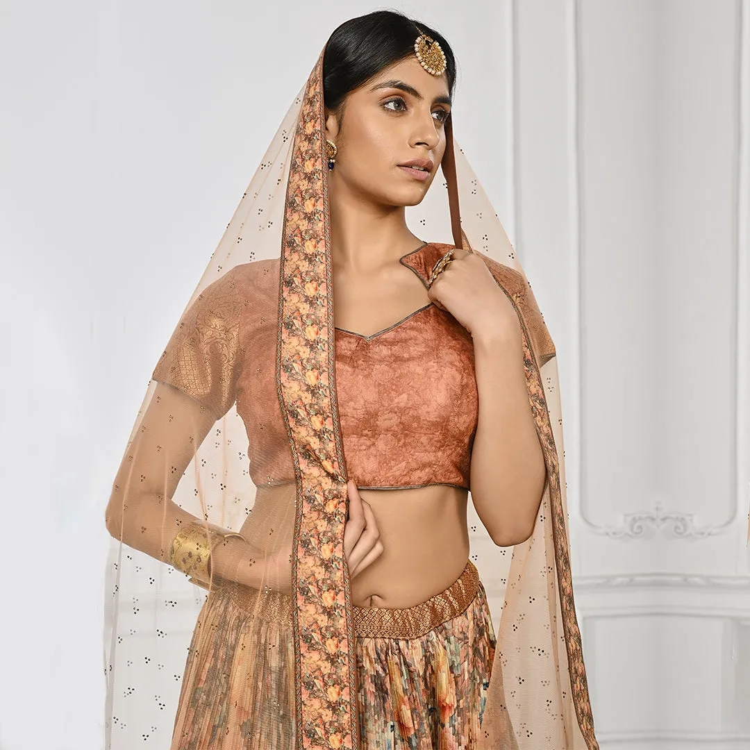 Peach and Beige Pleated Floral Lehenga Set