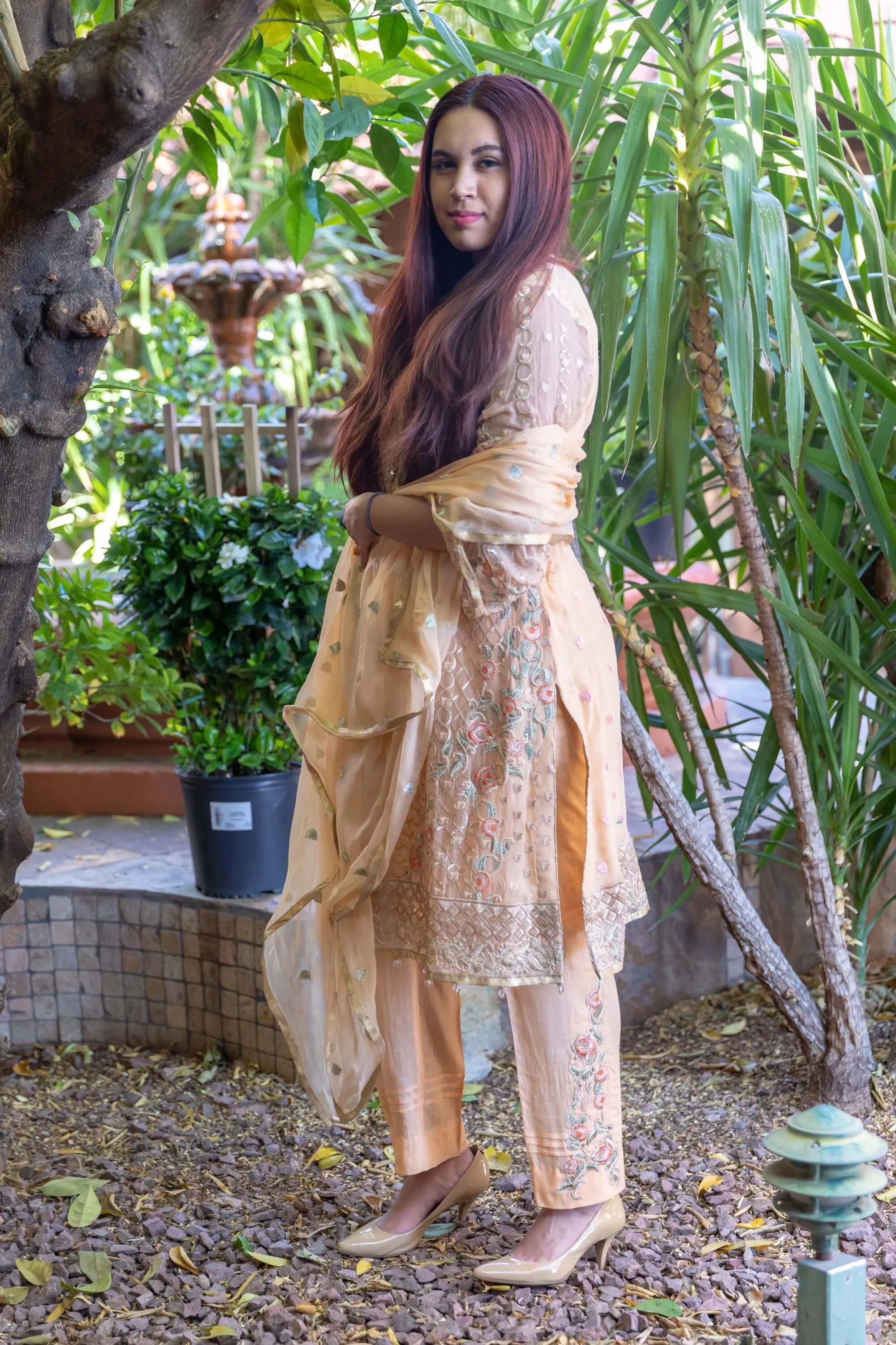 Peach Colored Salwar-Kameez Suit With Floral Embroidery