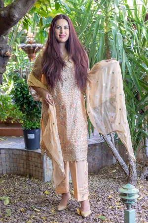 Peach Colored Salwar-Kameez Suit With Floral Embroidery
