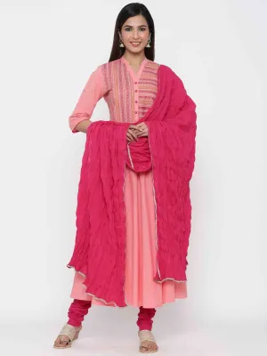 Peach Solid Anarkali Kurta Cotton With Churidar Salwar And Dupatta