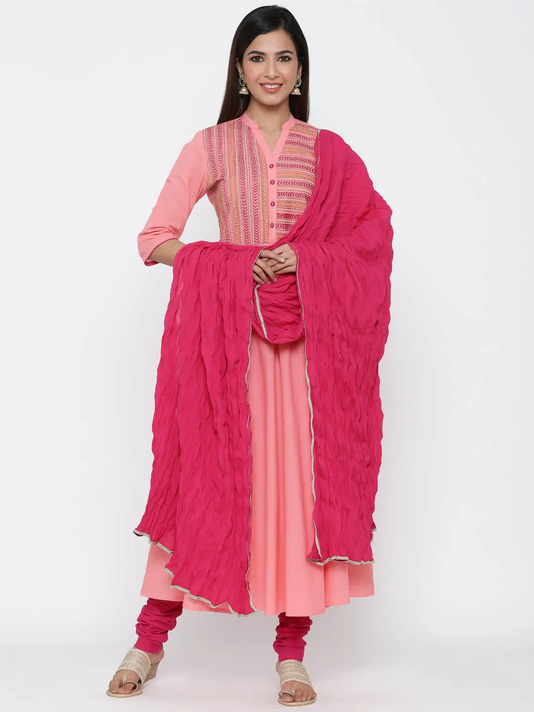 Peach Solid Anarkali Kurta Cotton With Churidar Salwar And Dupatta