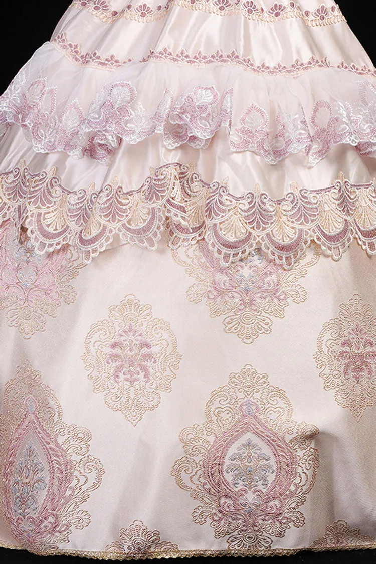 Pink Boat Neck High Waisted Hollow Embroidery Floral Print Multi-Layer Victorian Lolita Prom Dress