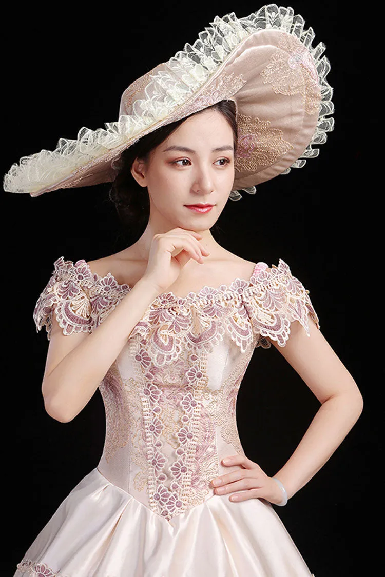 Pink Boat Neck High Waisted Hollow Embroidery Floral Print Multi-Layer Victorian Lolita Prom Dress