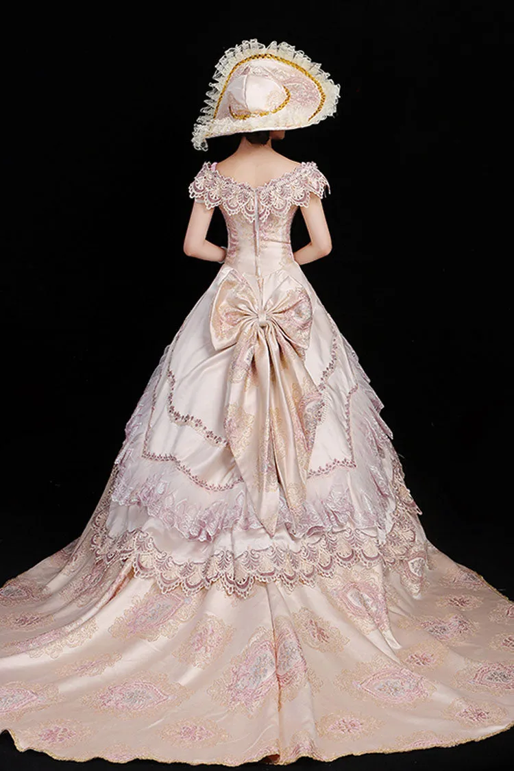 Pink Boat Neck High Waisted Hollow Embroidery Floral Print Multi-Layer Victorian Lolita Prom Dress